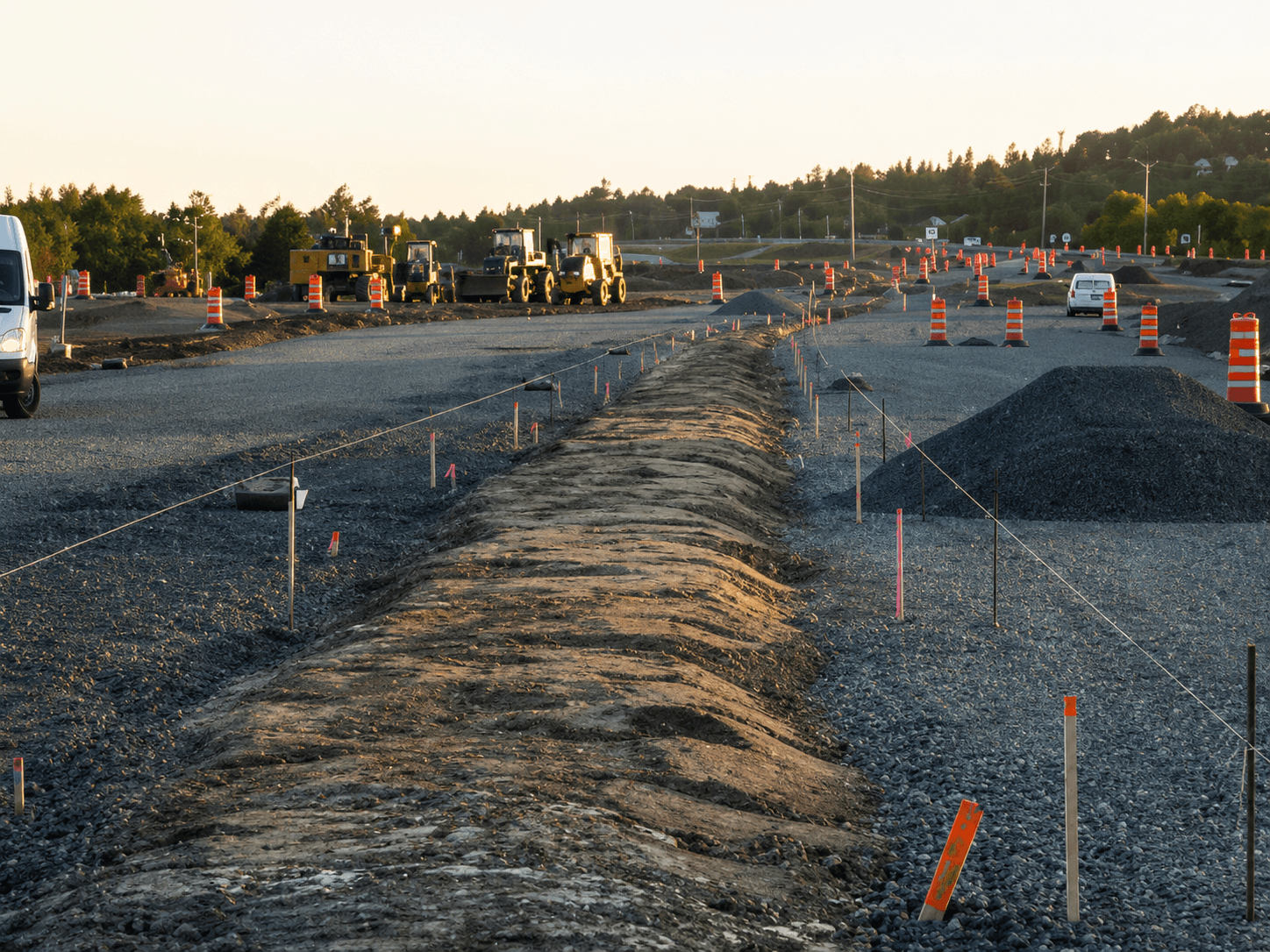 Chantier de génie civil avec piquets d'arpentage